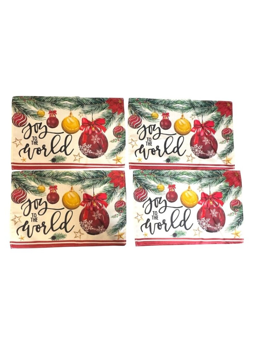 Joy To The World Christmas Placemats Set of 4 Holiday Ornaments Pine Branch